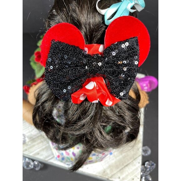 Minnie Mouse Ears Hair Scrunchies Hair Rubber Band Black Sequins Bow Polka Dot - Picture 5 of 9